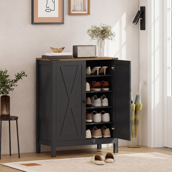 HOMCOM Shoe Cabinet with Barn Doors, Farmhouse Shoe Storage Cabinet, Black