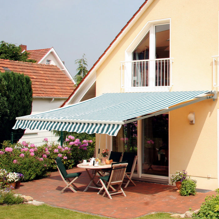 Outsunny 12' X 10' Retractable Awning Patio Sun Shade Shelter With Manual Crank Handle, Uv & Water-resistant Fabric And Aluminum Frame For Deck, Balcony, Yard, Green And White