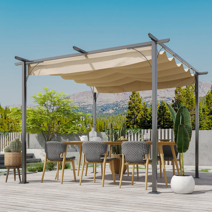 Outsunny 10' X 10' Outdoor Retractable Pergola Canopy, Metal Patio Shade Shelter For Backyard, Porch Party, Garden, Grill Gazebo, Beige