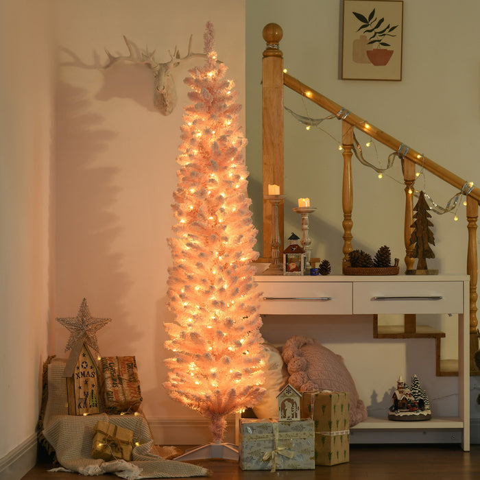 Homcom 6' Slim Snow Flocked Artificial Christmas Tree With Light, Pink