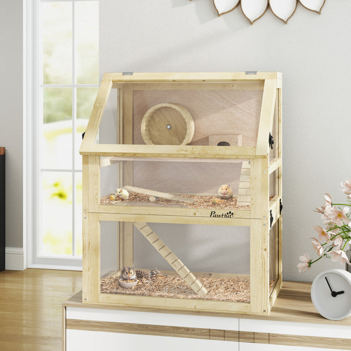 PawHut Wooden Hamster Cage, 3 Tier Gerbil Cage with Detachable 12.6\" Deep Bottom, Hut, Seesaw, Exercise Wheel, Ramps, Small Animal Habitat for Dwarf, Rat, 24\" x 16\" x 29.5\"
