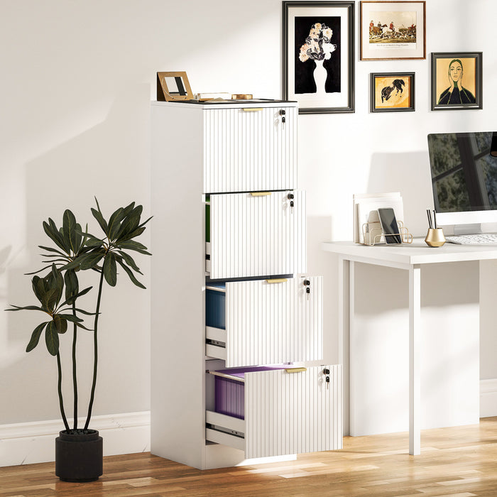 HOMCOM 4 Drawer File Cabinet Fluted Vertical Filing Cabinet with Lock White