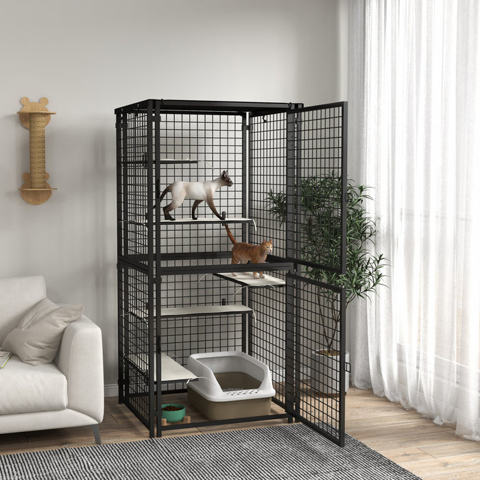 Pawhut 71\"h Large Cat Cage, Multi-level Catio Outdoor Cat Enclosure With Uv-and Water Resistant Cover, 5 Platforms, Soft Pads, Double Doors, Metal For Indoor Outdoor Use, Black