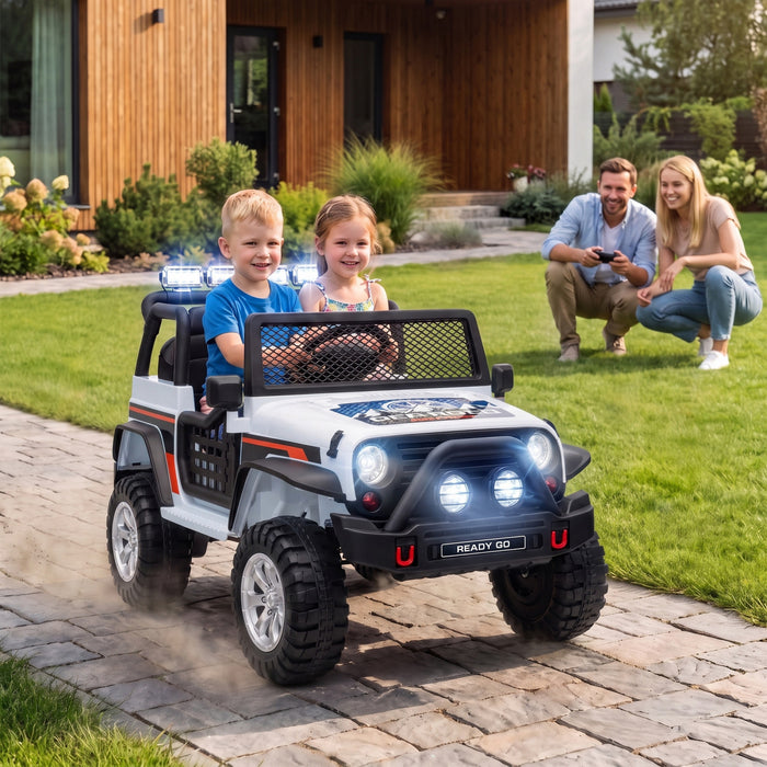 Qaba 2-Seater Ride on Truck Car, 12V Electric Car for Kids with Dual Motors, Remote Control, Soft Start, Four-Wheel Suspension, Max 5MPH, Seat Belt, Lights, Music, USB, Horn, White