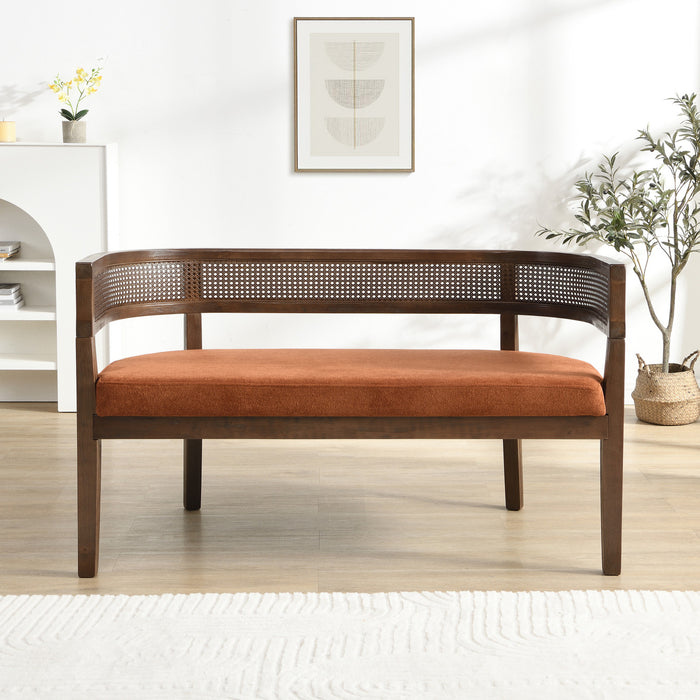 Rattan 47.5 Inch Rattan Upholstered Loveseat with Hand-Woven Backrest, Dark Orange, Walnut