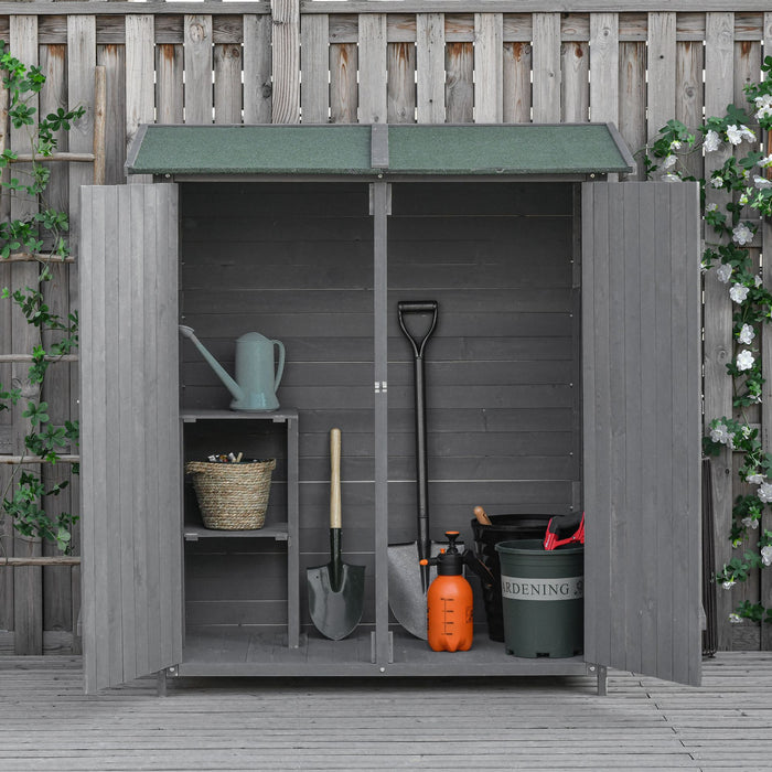 Outsunny 54.75''x29.5''x63'' Garden Storage Shed Asphalt Roof Wooden Timber Double Door Utility Storage House W/ Movable Shelf & Fixed Fittings, Green And Grey