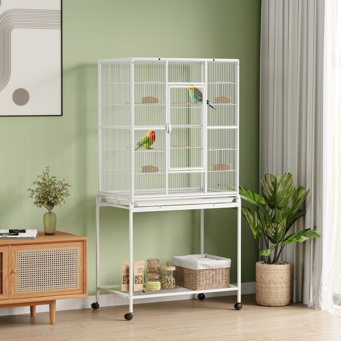 PawHut 64\" Large Bird Cage, Rolling Metal Parrot Cage, Bird House with Detachable Rolling Stand, Storage Shelf, Wood Perch, Food Container, 32\" x 19\" x 64\", White