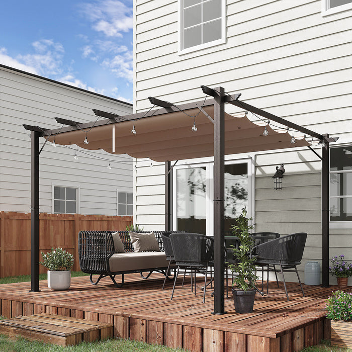 Outsunny 10' X 10' Outdoor Retractable Pergola Canopy, Aluminium Gazebo, Grape Trellis Sunshade Shelter For Backyard, Deck, Garden, Brown Frame