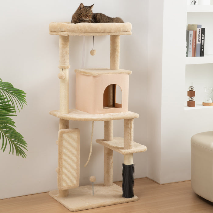 PawHut Cat Tree for Large Cat Adults, 52 Inch Cat Tower for Indoor Cats w/ Scratching Posts, Cat Bed, Condo, Grooming Brush, Jumping Platforms, Toy Balls, Anti-tip Kit, Beige