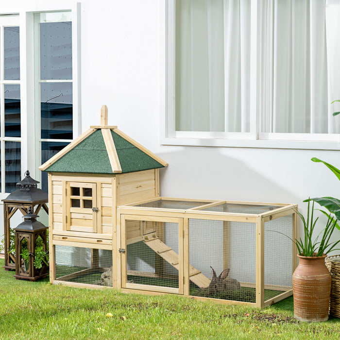 Pawhut 68\" Wooden Rabbit Hutch, Pet Playpen With 3 Doors, Bunny House Enclosure With Slide-out Tray, Ramp, For Rabbits And Small Animals, Natural