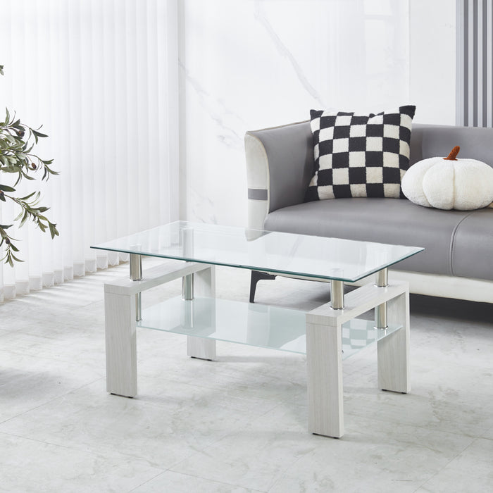 Lucius Modern Geometric Design Tempered Glass Coffee Tablewith Metal Frame and Clear Glass,White
