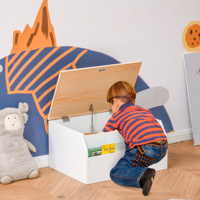 Qaba Kids Toy Storage Box Chest with Lid, Children Book Shelf with Safety Hinge and Book Slot, Playroom Furniture, White and Natural