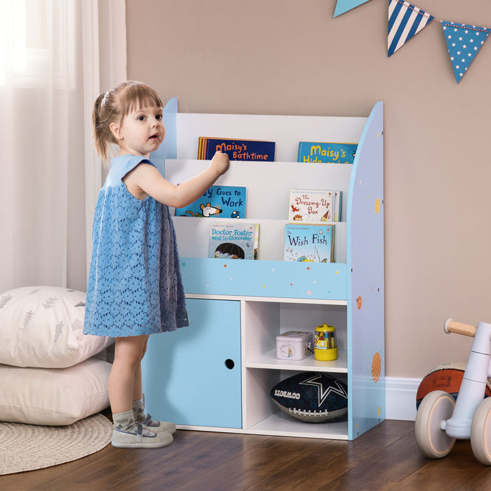 Qaba Kids Bookshelf, Toy Storage Organizer With Cabinet, Freestanding Children Bookcase With Love Heart & Ice-cream Patterns, Display Shelf For Toys Clothes Books, Blue