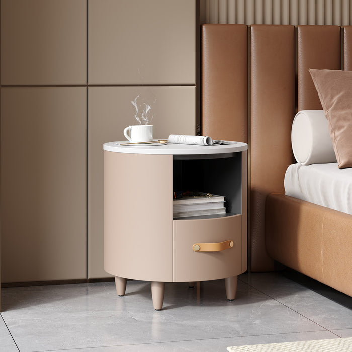 Olivia Modern Curved Design Round Nightstand with Storage Drawer,Haiki
