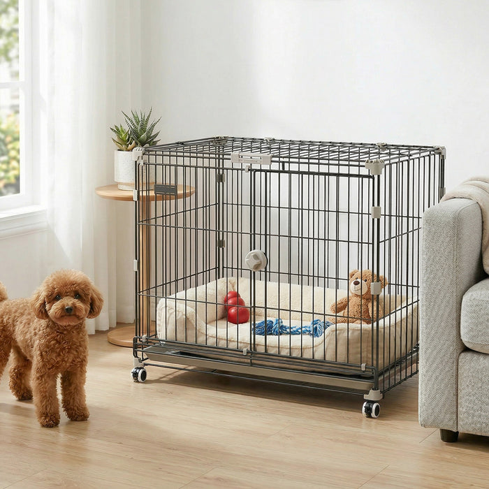 PawHut Dog Crate, 30 Inch Metal Dog Cage with Removable Tray, Lockable Wheels, 2 Doors for Small Medium Breeds, Black