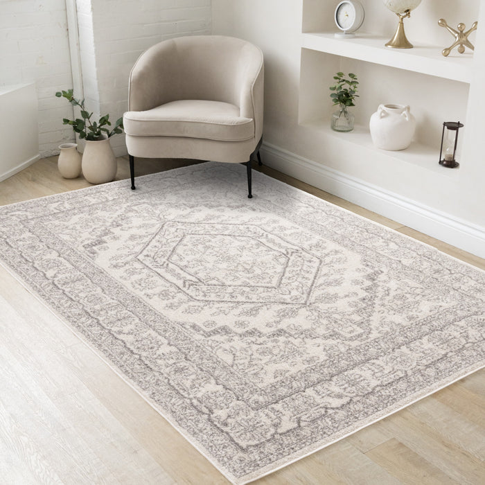 Fallon White Grey Elegant Faded Traditional Rug, 7'10\" x 10'6\" Indoor Area Rug