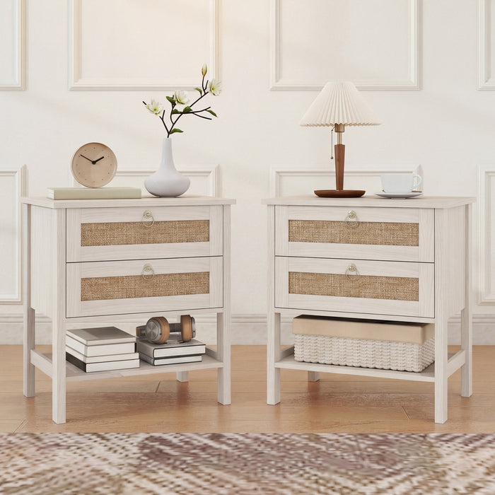 HOMCOM Rattan Nightstands Set of 2 Bedside Tables with 2 Drawers White Oak