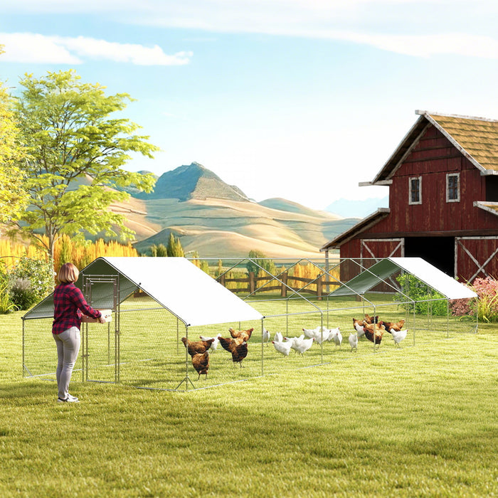PawHut Metal Chicken Coop, Walk-in Large Chicken Run, Poultry Cage for 36-50 Hen, Duck, Rabbit with Water- and UV-Protection Cover, for Backyard, Garden, 39.4' x 9.8' x 6.4'