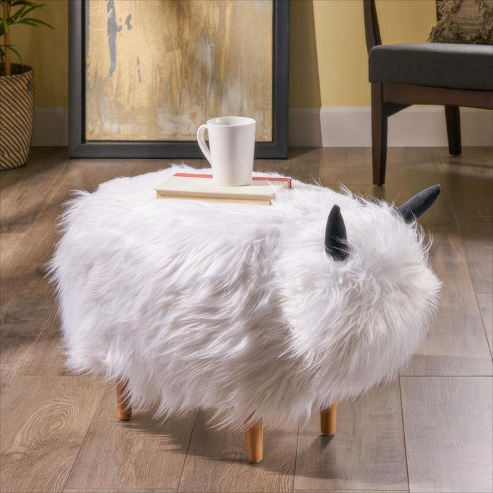 Julius Upholstered Wood Yak Footstool Ottoman, White