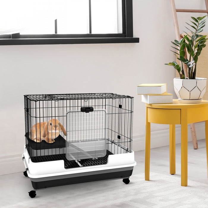 Pawhut 28\"h 2-level Small Animal Cage Rabbit Hutch With Universal Lockable Wheels, Slide-out Tray For Bunny, Chinchillas, Ferret, Black