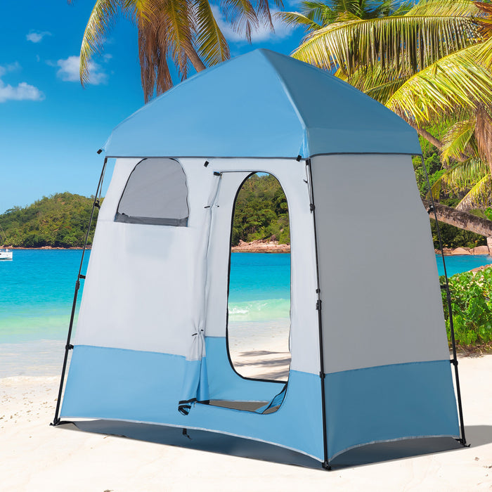 Outsunny Pop Up Shower Tent, Portable Privacy Shelter For 2 Persons, Changing Room With 2 Windows, 3 Doors, Carrying Bag, Grey And Blue