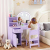 Qaba 2 in 1 Kids Vanity Set with Cabinet Drawer and Shelves, Toddler Dressing Table and Chair Set with Lighted Mirror, Pretend Makeup Playset for Girls 3-8 Years Old, Purple