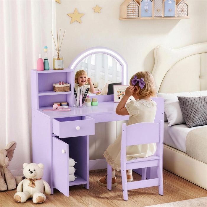 Qaba 2 in 1 Kids Vanity Set with Cabinet Drawer and Shelves, Toddler Dressing Table and Chair Set with Lighted Mirror, Pretend Makeup Playset for Girls 3-8 Years Old, Purple