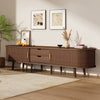 Ethan Oval TV Stand Media Console with Sliding Doors and Drawers,Dark Oak | Ethan meuble TV ovale – meuble multimedia avec portes coulissantes et tiroirs, finition chene fonce