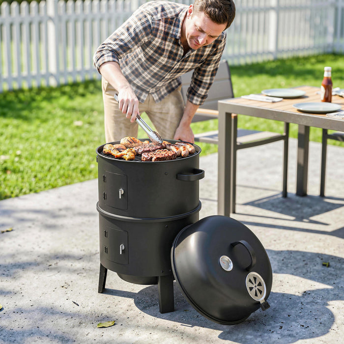 Outsunny 3-in-1 Vertical Charcoal Smoker with 2 Grill Grates, Built-in Thermometer, Adjustable Vent, 2 Doors, Outdoor BBQ Smoker Grill for Camping, Parties, Picnic