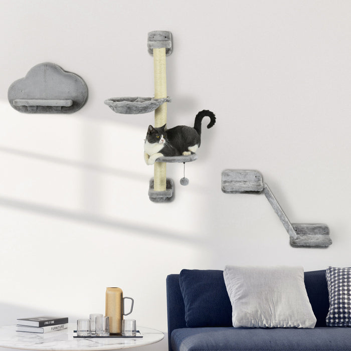 Pawhut 3pcs Cat Wall Shelf With Scratching Posts, Hammock, Ramp, Platforms, Cat Shelves For Relaxing, Sleeping, Jumping, Cat Wall Climber For Indoor Cats, Grey