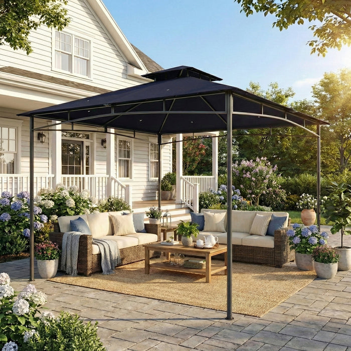 Outsunny 10' x 10' Gazebo, Soft Top Garden Gazebo w/ 2-Tier Roof, Navy Blue