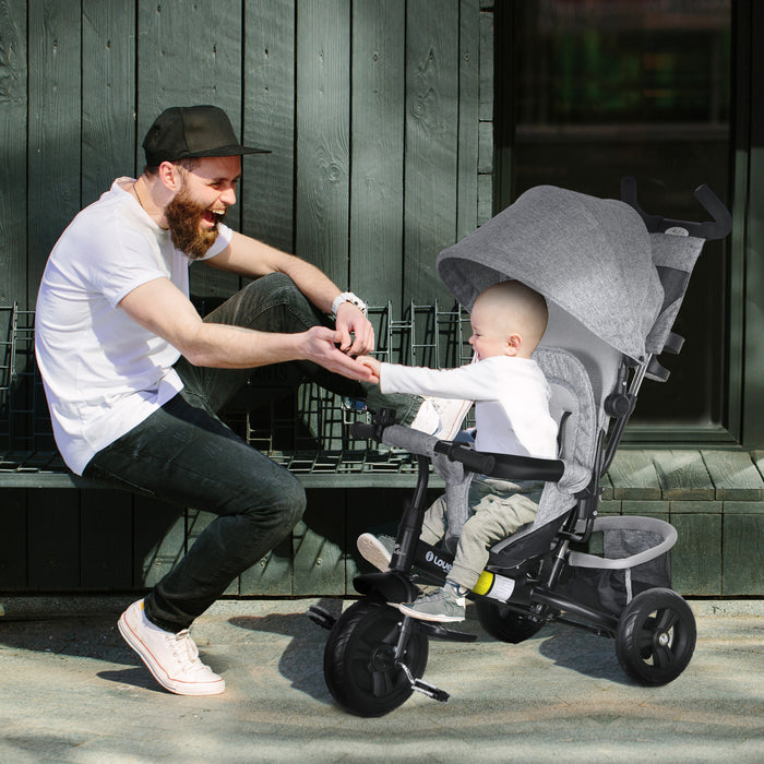 Qaba 6 In 1 Toddler Tricycle, Kids Trike With Foldable Canopy, Removable Parent-push Handle And Cover, Storage Basket, 5-point Safety Belt, For Child 1-5 Years, Grey