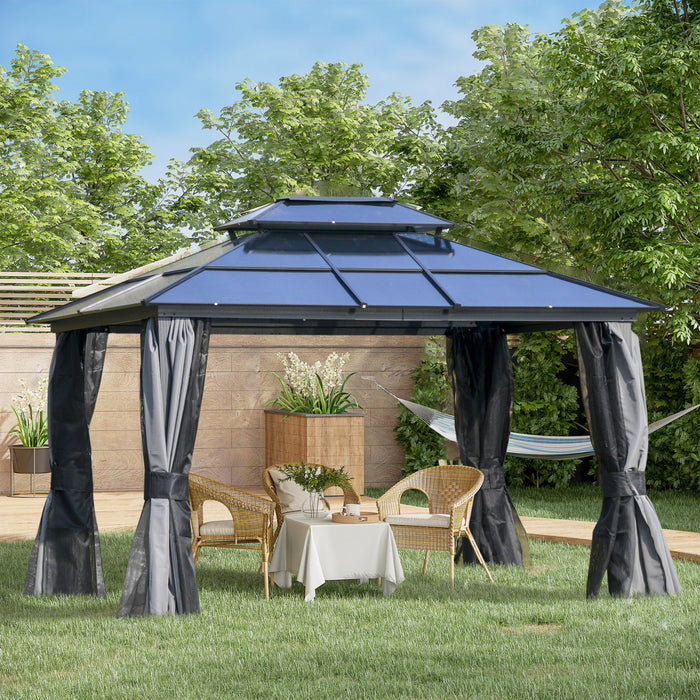 Outsunny 10' X 12' Hardtop Gazebo Canopy With Polycarbonate Double Roof, Aluminum Frame, Permanent Pavilion Outdoor Gazebo With Netting And Curtains For Garden, Backyard