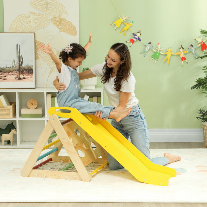 Qaba Pikler Triangle Set, 5 In 1 Climbing Toys For Toddlers, Indoor Montessori Climbing Set, Wooden Jungle Gym For Kids, With Slide, Sandbags, For 18-48 Months, Multicolour