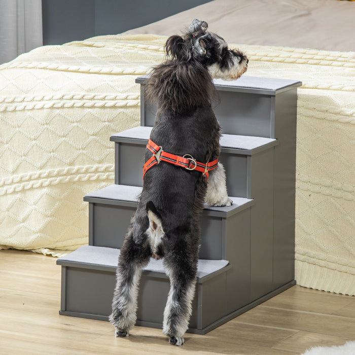Pawhut 4 Levels Wooden Dog Steps Pet Stairs For High Bed, Cat Ladder For Bed Couch With Non-slip Carpet, Grey