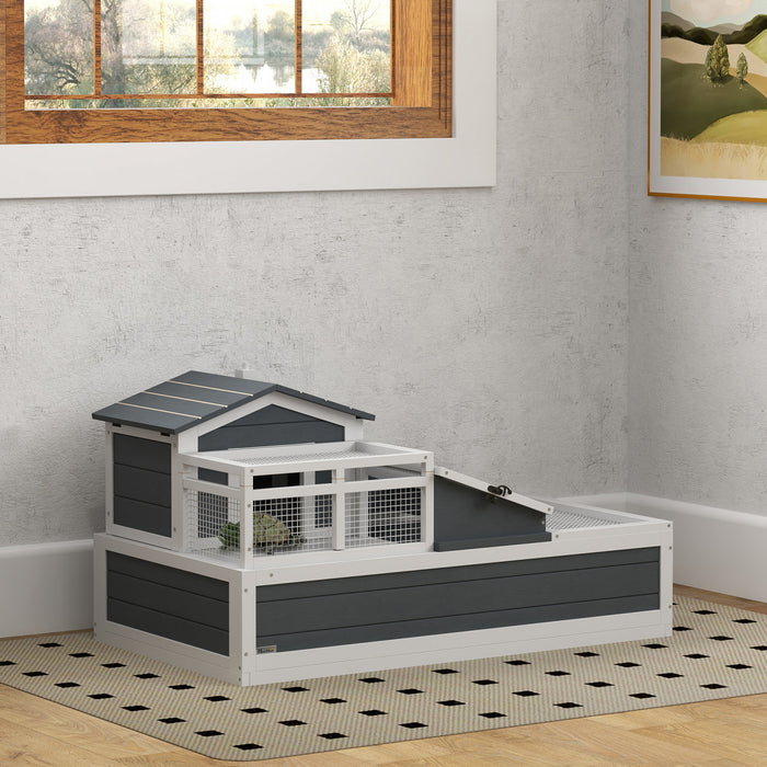 PawHut Tortoise House 2-Tier Wooden Enclosure with Balcony, Ramp and Tray, Indoor/ Outdoor Tortoise Enclosure with Ladder, Openable Roof, 44\" L x 25.5\" W x 23.3\" H, Grey