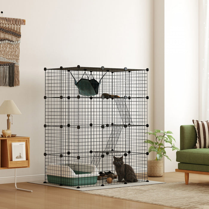 Pawhut 4-tier Large Cat Cage, Diy Pet Playpen With Hammock, Platforms, Ramps, Accessories, Kitten Exercise Place For 1-3 Cats, Indoor Use, Black
