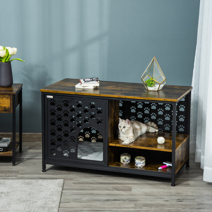Pawhut Wooden Cat House End Table Furniture Style Kitty Shelter Bed With Washable Cushion Hideaway Cabinet With Storage Shelf Rustic Brown