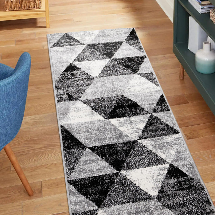 Covington Black White Grey Distressed Geometric Triangle Rug, 2'0\" x 7'7\" Indoor Area Rug