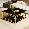 Gleam 33.5 Inch Square Tempered Glass Coffee Table with Geometric Gold Frame and Lower Shelf, Black | Gleam Table Basse Carree en Verre Trempe 33.5 po avec Cadre Geometrique Dore et Etagere Inferieure, Noir