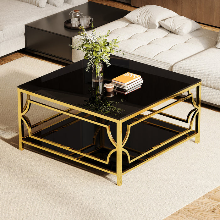 Gleam 33.5 Inch Square Tempered Glass Coffee Table with Geometric Gold Frame and Lower Shelf, Black