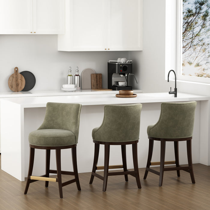 Lucia Modern Chenille Wood Counter Stool in Leaf Green - Set of 3