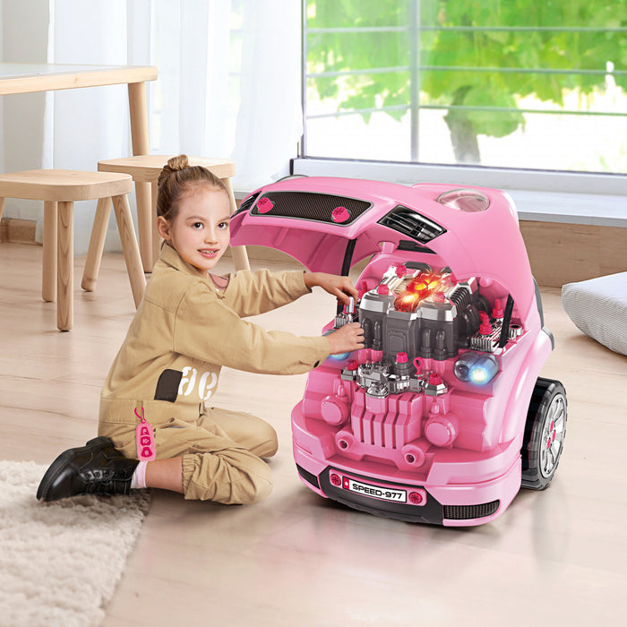 Qaba Kids Truck Engine Toy Set, Educational Car Service Station Kids Tool Set, Take Apart Workshop For 3-5 Years Old Pink
