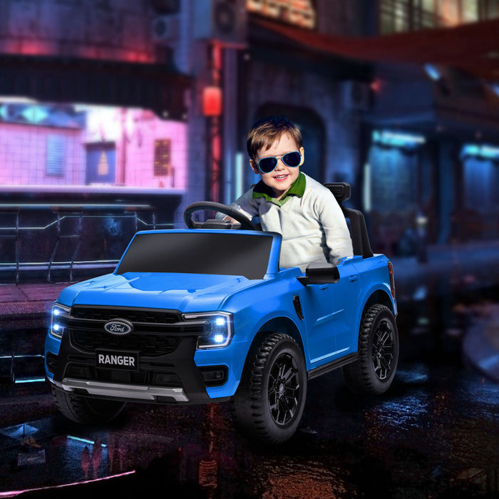 Qaba Ford Ranger Licensed 12v Powered Ride-On Car With Rear Storage, Battery Powered Kids Electric Car Truck With Remote Control, Spring Suspension, Headlights, Music Horn, Blue