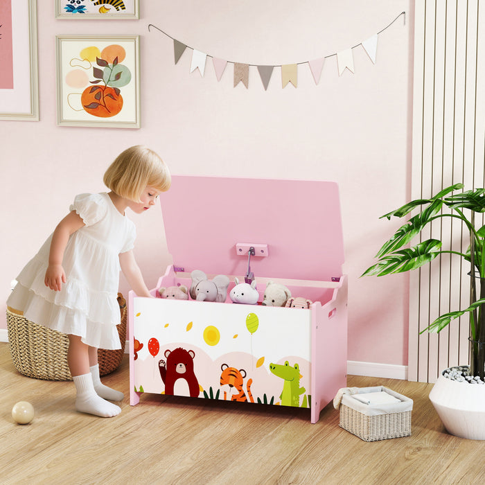 Qaba Toy Box, Kids Storage Chest with Lid, Safety Hinges and Groove Handles, Toy Storage Organizer with Animals Pattern for Boys, Girls, Pink