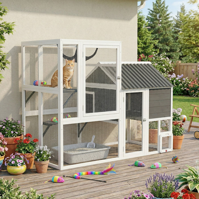 PawHut Catio Outdoor Cat Enclosure, 63\" L Large Cat House with 4-Way Adjustable Door, Private House, Hammock, 2 Platforms, Weatherproof Asphalt Roof for 1-3 Kittens, Grey