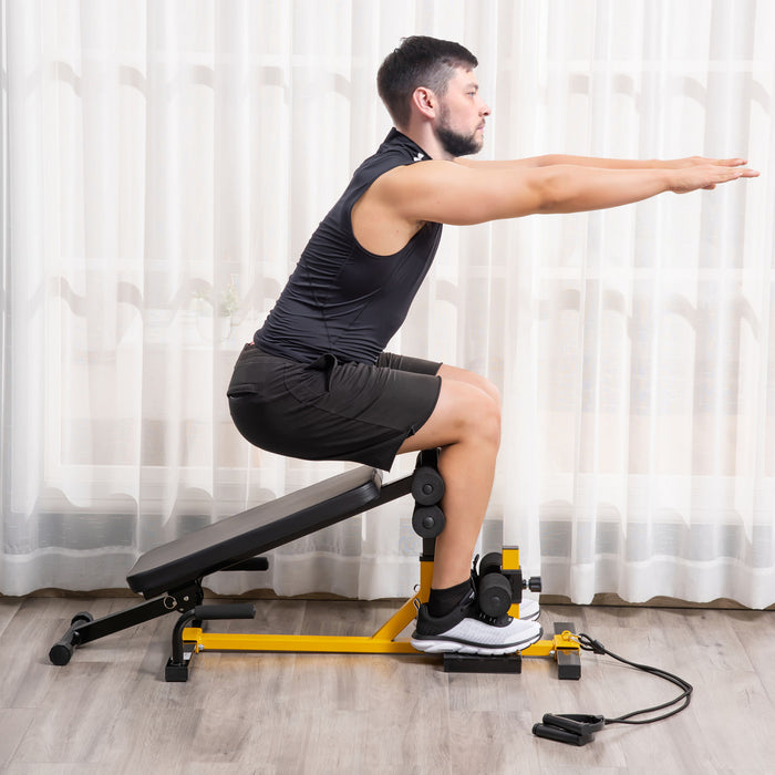 Soozier 3-in-1 Squat Machine W/ Resistance Bands, Adjustable Padded Bench & Leg Exerciser, Squats, Push Up, Sit Up For Home, Office, Gym Fitness Equipment, Yellow
