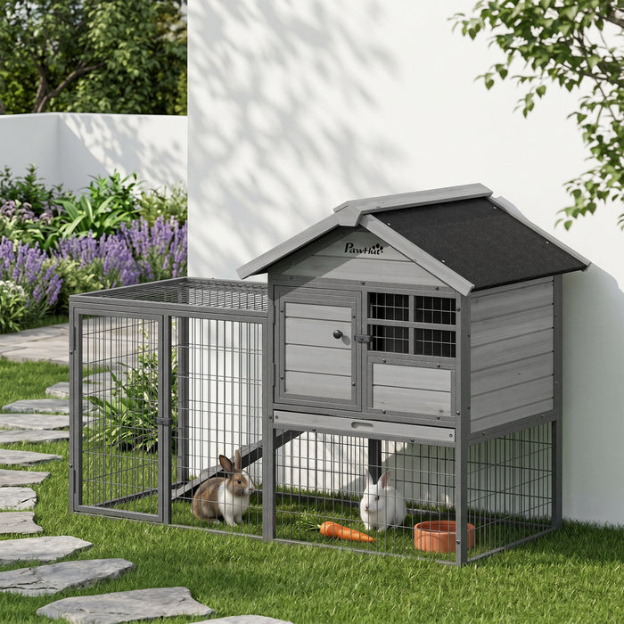 PawHut Rabbit Hutch Outdoor, 48\"L Large Wooden Bunny Cage with Run, Robust Metal Frame, Removable Plastic Tray, Asphalt Roof, Ramp, Guinea Pig Cage for 1-2 Rabbits, Grey