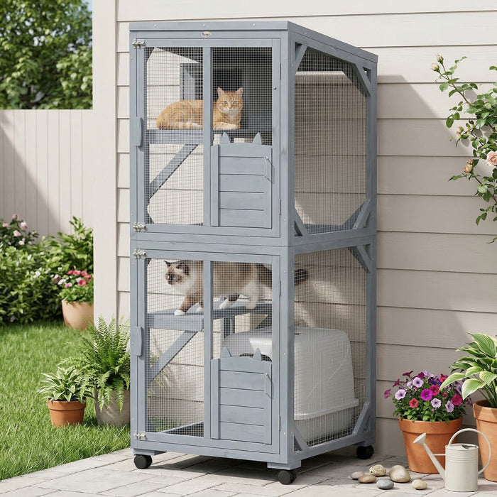 PawHut Catio Outdoor Cat Enclosure, Wooden Cat House on Exercise Wheels Indoor Outdoor, Kitty Cage with Resting Box, Waterproof Roof, for 2 Cats, 25.6\" x 25.6\" x 63\", Dark Grey