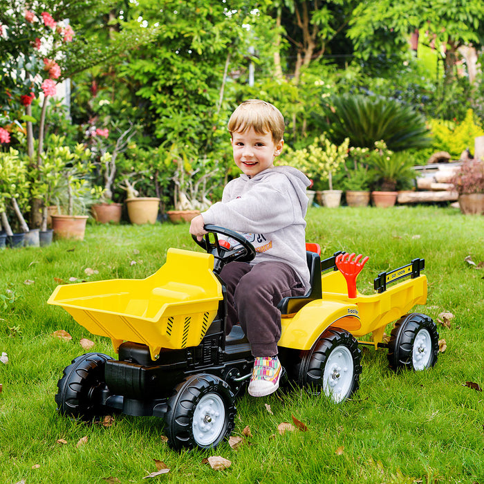 Aosom Ride On Toy Pedal Dump Truck, Front Loader Construction Tractor With Detachable Trailer, Yellow